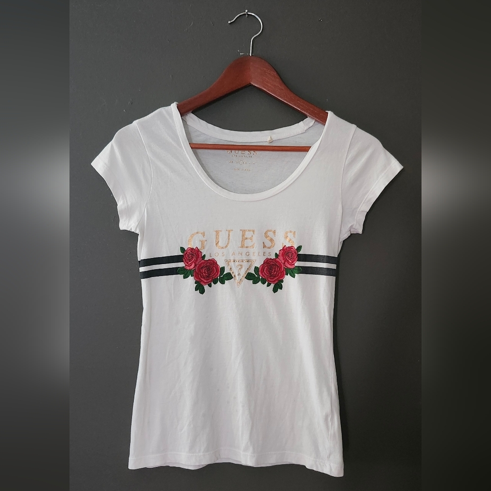 Guess White Fitted T-Shirt with Black Stripes